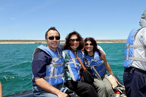on a boat with lifevests