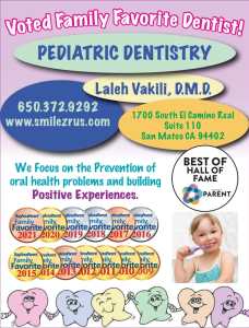 Pediatric dentistry flyer for Dr. Laleh Vakili, highlighting awards and focus on positive experiences