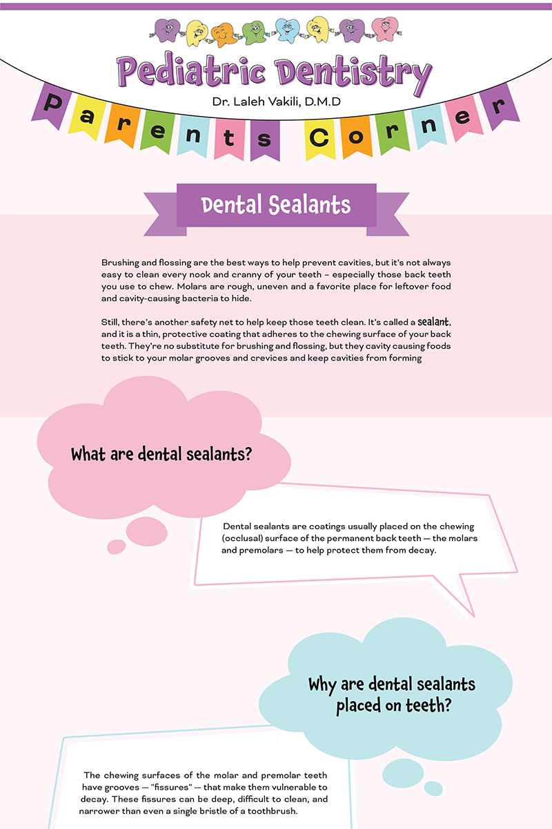 “Dental Sealants” educational page — explains what sealants are, why they’re used, and how they protect children’s teeth, with soft pastel design.