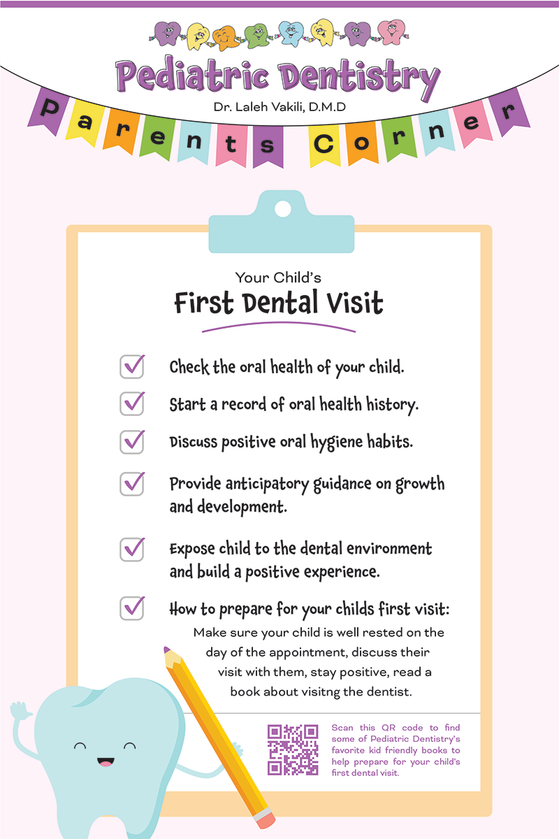 “First Dental Visit” checklist for parents — includes tips like checking oral health, starting hygiene habits, and preparing child for visit, with cute tooth character and pencil graphic.