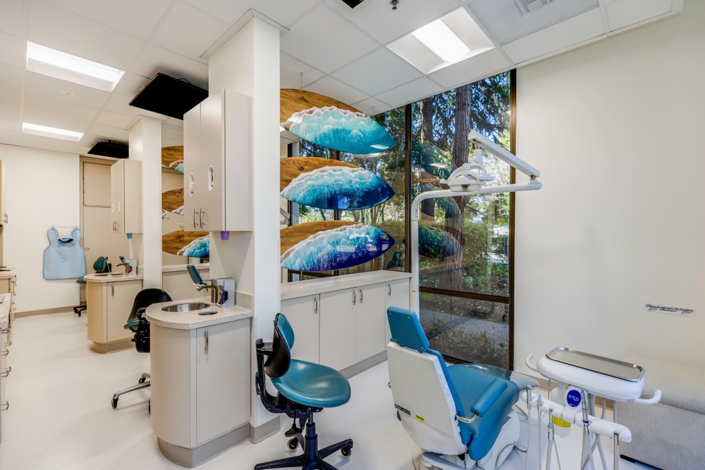Bright dental operatory with blue and white chairs, ocean-themed wall art of whales, large windows showing trees, and modern equipment.