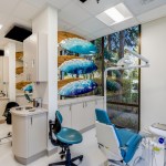Bright dental operatory with blue and white chairs, ocean-themed wall art of whales, large windows showing trees, and modern equipment.