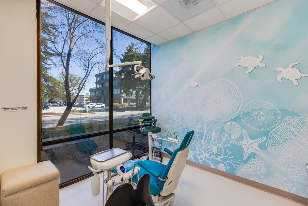 Pediatric dental exam room with sea turtle and starfish wall decals, a blue treatment chair, and large window overlooking a sunny street.
