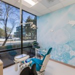 Pediatric dental exam room with sea turtle and starfish wall decals, a blue treatment chair, and large window overlooking a sunny street.
