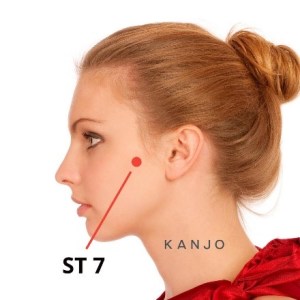 Side profile of a woman with red dot marking ST7 (Kanjo) point on the jaw near the ear, labeled “ST 7” and “KANJO.”