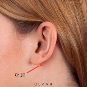 Close-up of ear highlighting TE17 (Kanjo) point behind the ear, marked with a red dot and labeled — note: label appears mirrored as “OLNAK.”