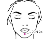 Line drawing of a face showing acupuncture point REN 24 located just below the lower lip, marked with a pink dot.