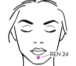 Line drawing of a face showing acupuncture point REN 24 located just below the lower lip, marked with a pink dot.